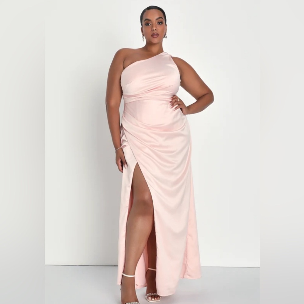 LIKE NEW Dreaming of Elegance Blush Pink Satin One-Shoulder Maxi Dress